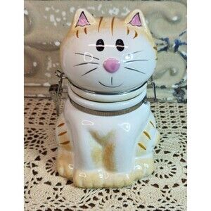 Ceramic Hinged Yellow Tabby Cat Cookie Jar Canister w/ Fresh Seal 6.75" (read)